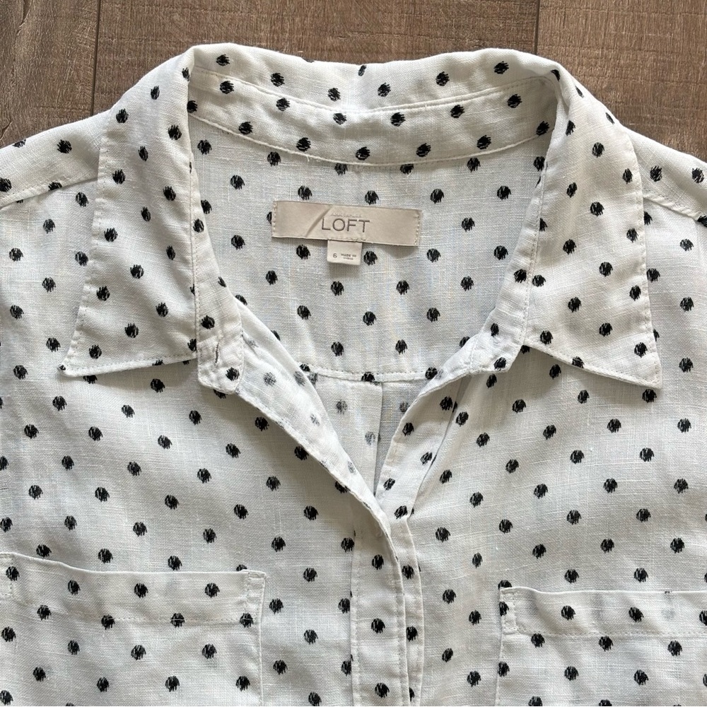 Ann Taylor Loft Women's White & Black Polka Dot Linen Shirt Dress Size 6 - Picture 6 of 17